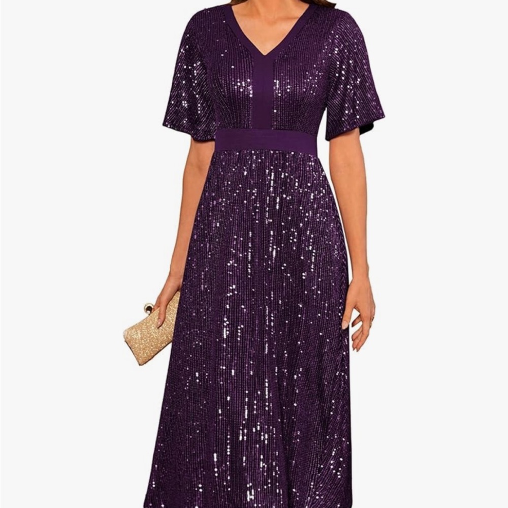 Grace Karin Purple A-line Midi Dress with Flutter Sleeves and V-neck